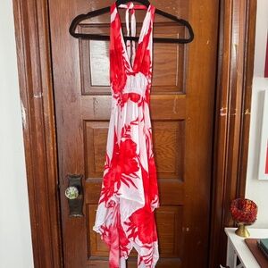 Red and white floral halter neck dress